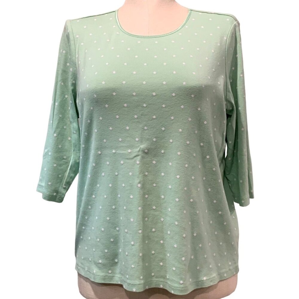 Cj Banks Womens Light Green White Stars 3/4 Sleeve Top Cotton Blouse Size 1X